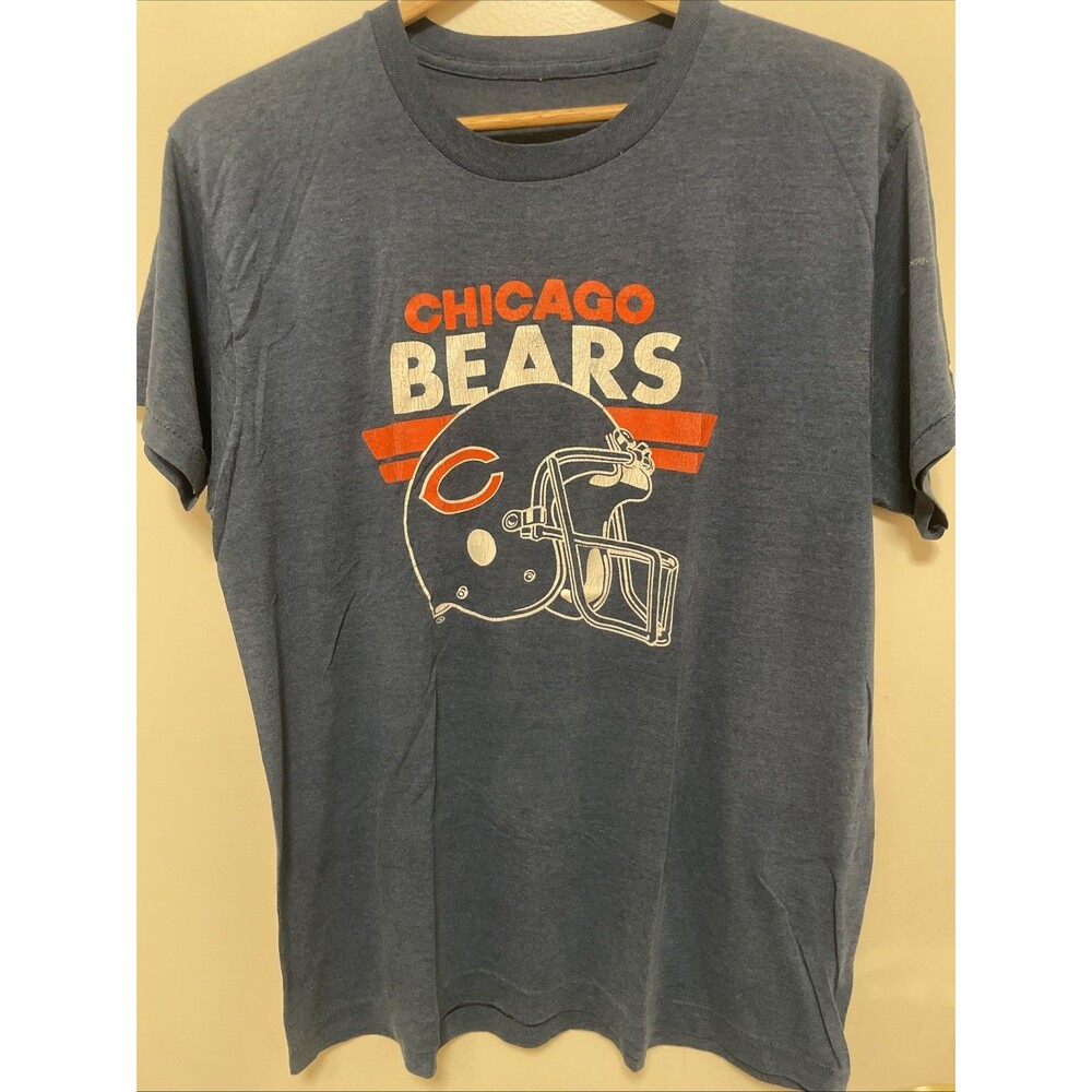 VTG 80s Chicago Bears Helmet Logo Single Stitch Shirt, Size L/XL - Blue Thin